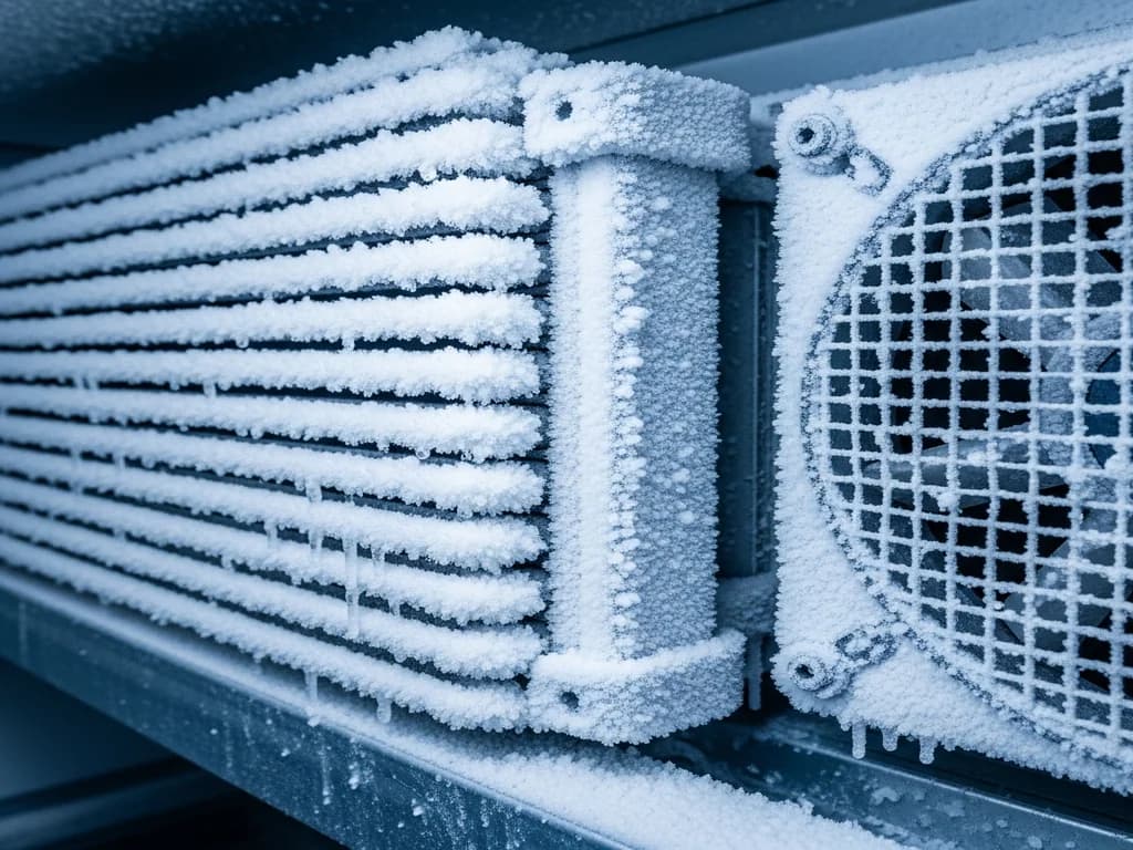 Thick ice buildup on walk-in cooler evaporator coil indicating refrigeration system failure