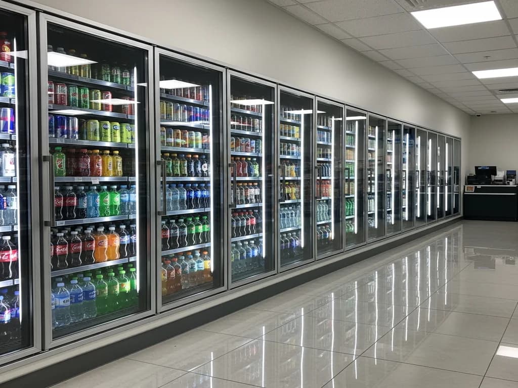 Row of modern energy-efficient commercial walk-in coolers with glass display doors in a convenience store