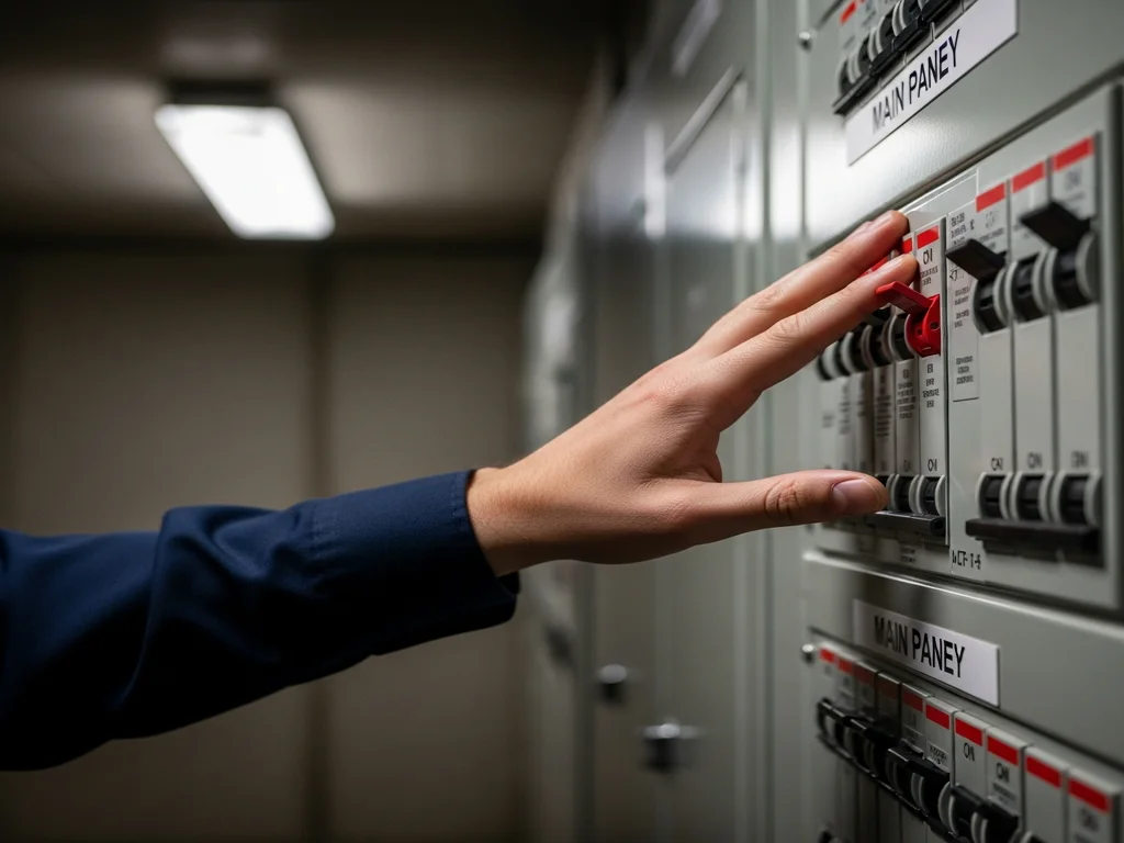 Operator checking a tripped breaker in an electrical panel as part of walk-in cooler troubleshooting