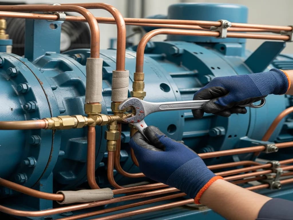 Refrigeration technician diagnosing a commercial walk-in cooler compressor with copper refrigerant lines