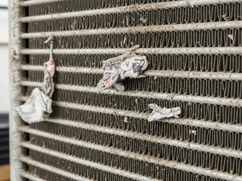 Severely dirty commercial condenser coil covered in dust and debris restricting airflow