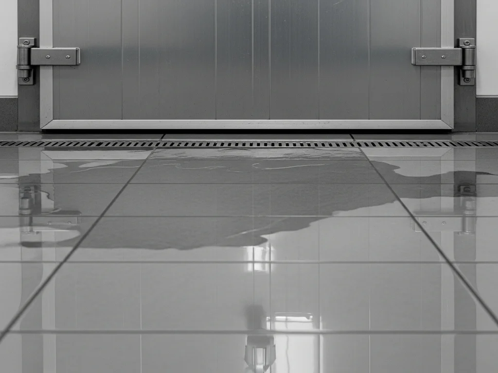 Water pooling on the floor in front of a commercial walk-in cooler indicating a drainage or condensation failure