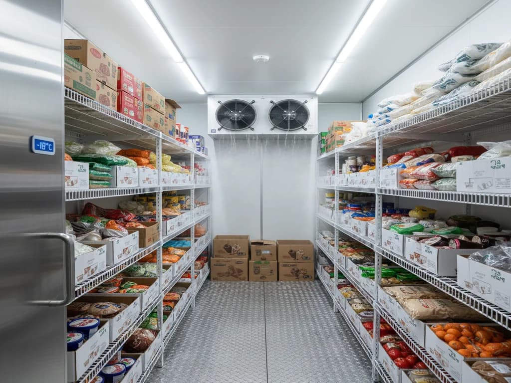 Interior of a commercial walk-in freezer with heavy-duty wire shelving and frost-free LED lighting
