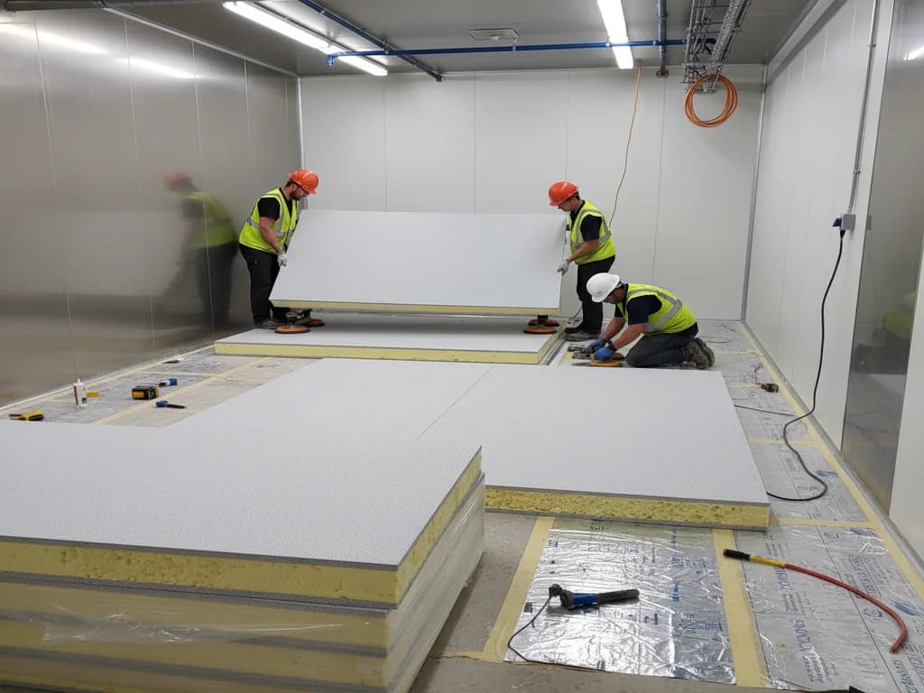 Heavy-duty insulated floor panels being installed for a commercial walk-in freezer to prevent frost heave