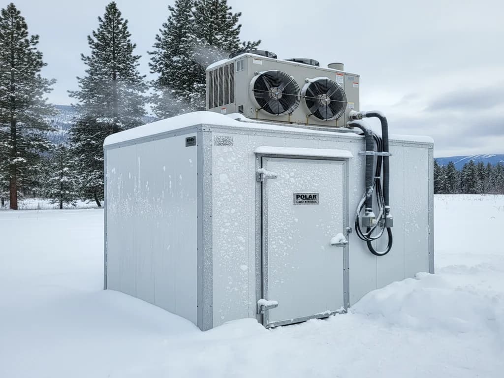 Outdoor commercial walk-in freezer with weatherproof cladding and low-ambient winter control package